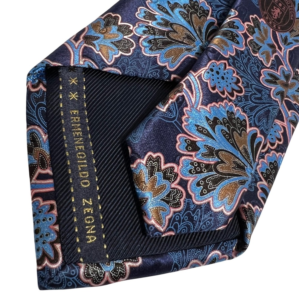 Ermenegildo Zegna Silk Tie Mens  Blue Brown Floral Paisley Made in Italy Luxury - Picture 5 of 9